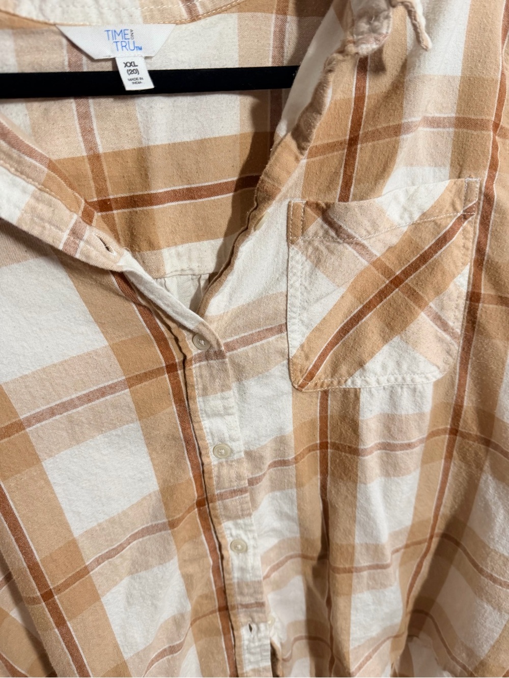 Time and Tru Cream and Tan Plaid Button-Down Shirt